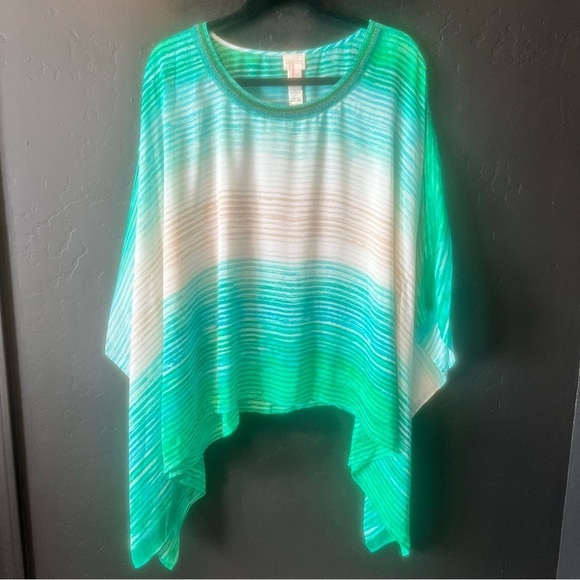 Chicos Green Striped Poncho Green and White Striped Poncho Top size: S/M - Picture 5 of 14